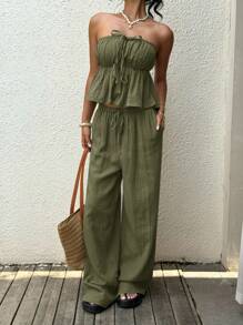 SHEIN EZwear Army Green Woven Linen Women Camisole Top And Pants Casual 2-Piece Set - Army Green - View 4