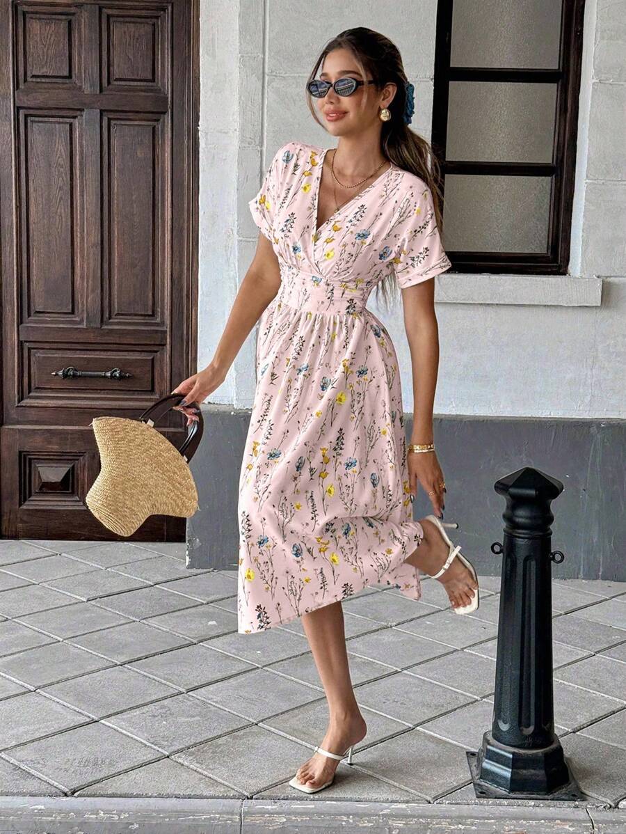 Pariaura Women's Casual Ditsy Floral Cinched Waist Waist Dress, Shirred Floral Mini Dress Women Summer Clothing