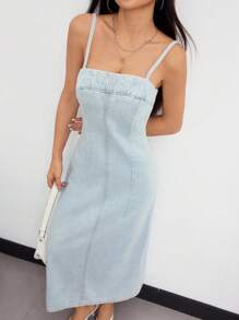 SHEIN ICON Solid Color Casual Slim-Fit Summer Fashion Strap Denim Dress - Light Wash - View 5