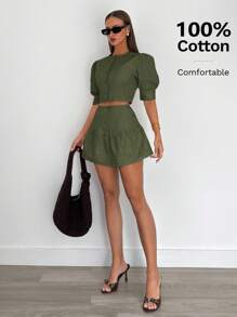 Siren Gaze Bộ áo tay bồng cài nút phía trước và chân váy mini 100% cotton cho nữ mùa hè - xanh quân đội - Xem 4