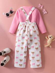 SHEIN 2pcs Young Girl Outfit Set - Cute Bear Embroidered Bib Pants, Long Sleeve T-Shirt, Bear & Bow Pattern Floral Set - Multicolor - View 2