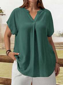 EMERY ROSE Plus Size Women's Solid Color V-Neck Batwing Short Sleeve Casual Shirt - Dark Green - View 6