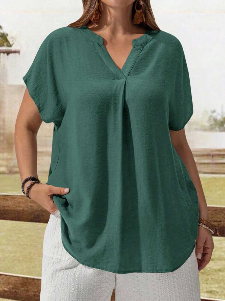 Plus Size Women's Solid Color V-Neck Batwing Short Sleeve Casual Shirt