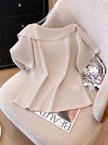 Franclia Blusa elegante de manga corta con volantes en el bajo, de estilo sencillo y unicolor, para uso casual y commuter de mujeres