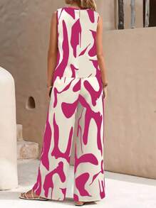 EMERY ROSE Women's Printed Round Neck Tank Top And Pants Casual 2 Pieces Set - Hot Pink - View 2