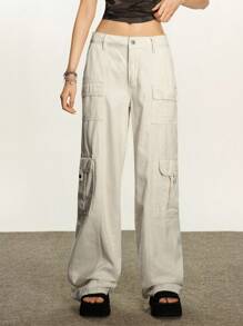 Rina Fox Jeans cargo casuales de ajuste ceñido con bolsillos parche de unicolor - Albaricoque - Ver 3