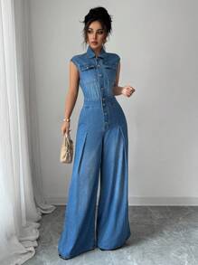 Elenzga Combinaison en jean à jambes larges avec design élégant de poche - Jean clair - Voir 6