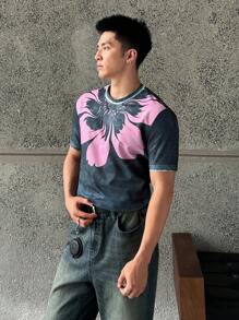 Manfinity BRENVOR 男士花卉印花圆领短袖T恤，夏季时尚 - 彩色 - 查看 2