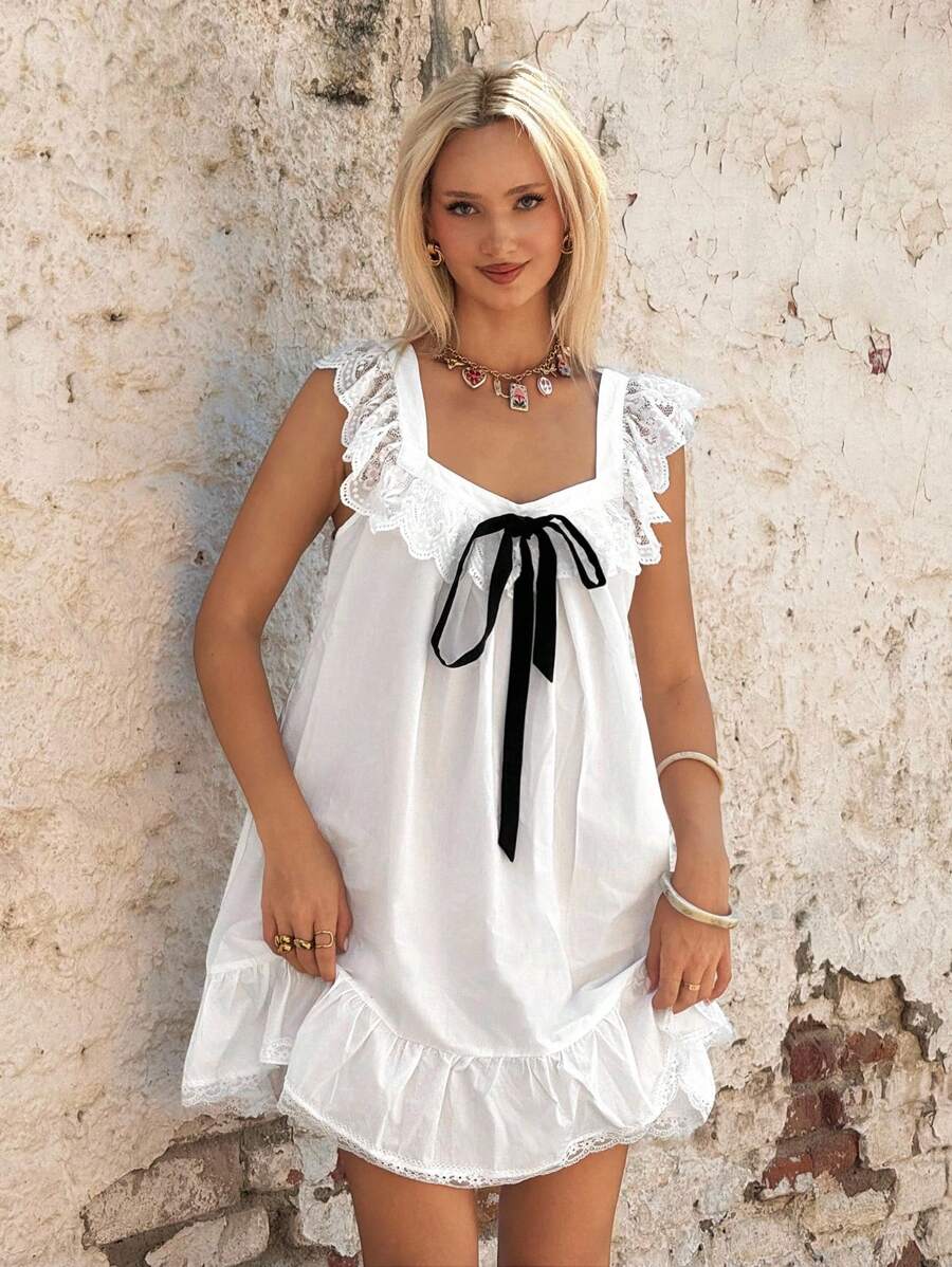 SHEIN ICON Women White Babydoll Dress Lace Contrast Color Bow Decor Mini Dress - White - View 1