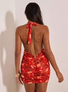 Opulessa Vestido de Cobertura com Decote Drapejado, Impressão Total, Decote Drapeado, Recorte Vazado e Babado Sexy para Férias da Mulher - Multicolorido - Visão 6