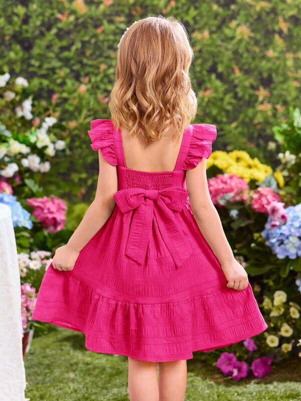 SHEIN Young Girl Fashionable Summer Vacation Yellow Ruffle Cap Sleeve Dress