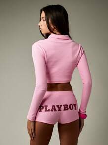 Missguided x Playboy Set di pantaloncini e top corto con maniche lunghe, colletto e bottoni in maglia a costine, abbigliamento da relax, look alto, adatto per uscite serali, festival estivi e vacanze.