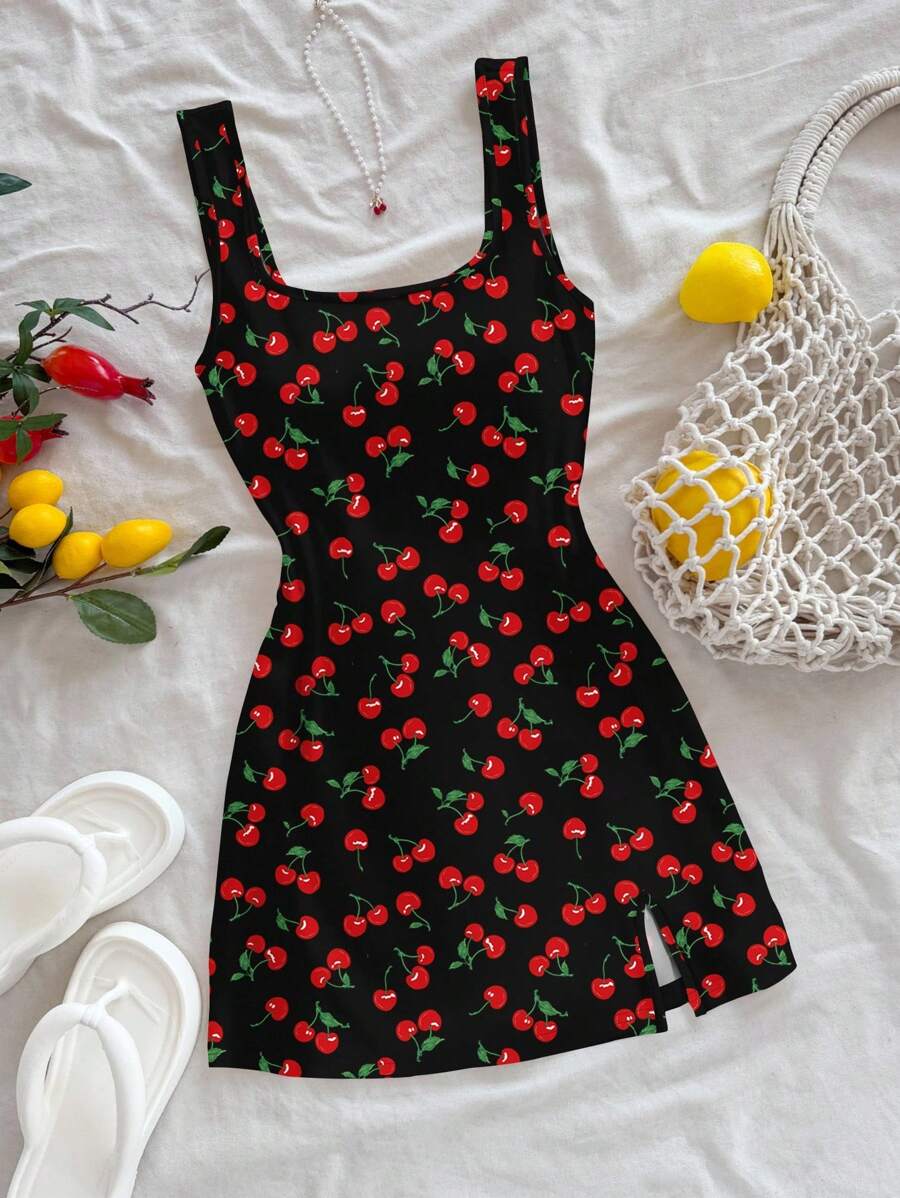 Soleia 女式露背 U 领樱桃印花迷你连衣裙，夏季 - 黑色 - 查看 1
