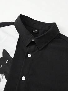 Manfinity Homme Men's Casual Cat Print Graphic Short Sleeve Shirt Collar Top, For Going Out