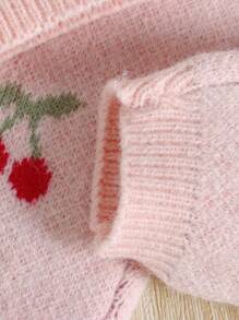SHEIN Baby Girls Knit Sweater Co-Ord Set, Pink With Cherry Motif, Soft & Comfortable For Casual, Outdoor, Travel, Vacation, Home, Daycare, And Playtime Fall Winter