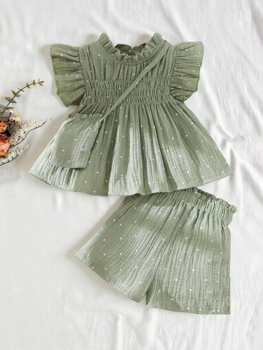 SHEIN Vintaside Kids 2 件套女婴可爱休闲波尔卡圆点荷叶边上衣和阔腿裤和包包套装,适合夏季、居家和户外 - 綠色 - 查看 1