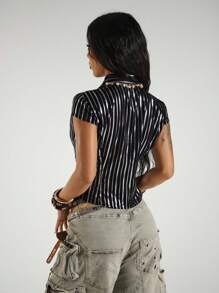 StreetHx Women's Simple Gothic Style Fitted Short Sleeve Blouse, Silver Stripe Embellished Shirt - Black - View 2