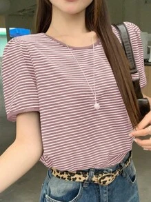 DAZY 女式夏季露背系带V领条纹休闲短袖T恤 - 粉色 - 查看 2