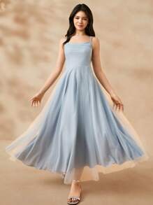 SHEIN Elegant Minimalist Fashion Sleeveless High Waist Maxi Blue Mesh Dress For Teen Girl Summer Prom Party - Blue - View 1