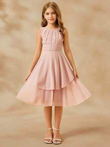 少女优雅长款粉色吊带连衣裙，适合派对、度假、正式晚宴、伴娘、舞会、宴会、生日、婚礼等场合