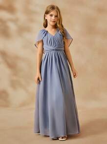 SHEIN Tween Girls V-Neck Waist Twist Pleat Elegant Summer Dress Fall Winter