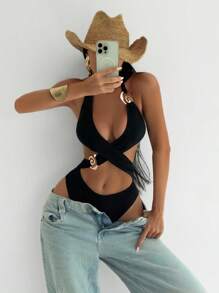 Swim SXY Women Solid Golden Decor Strappy Back Tie One Piece Swimsuit For Summer Beach Vacation