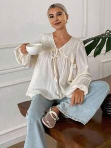 Livesso Women V-Neck Long Sleeve Lace Patchwork Blouse, Summer Vacation - Apricot - View 4