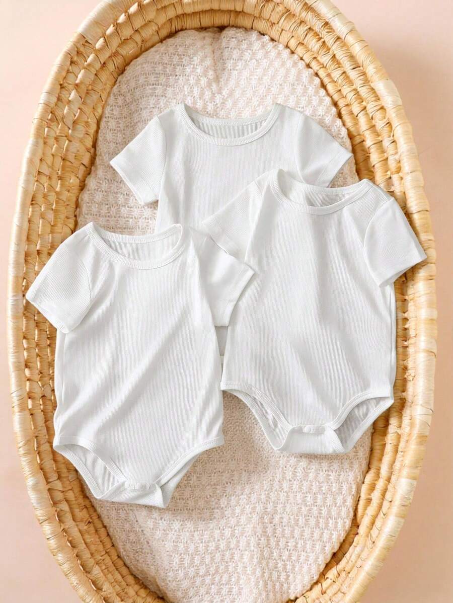 SHEIN 3pcs/Set Baby Girl Casual Simple Solid White Short Sleeve Bodysuit, Practical Everyday Outfit For Spring & Summer - White - View 1
