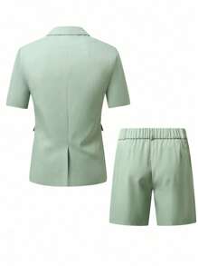 Calvornis Men's Summer Short-Sleeved Suits & Suit Shorts, Suitable For Daily Business Parties,Men's 2 Pieces Short Sleeve Blazer Top And Shorts Set, Casual Fashion Suitable For Daily Commuter Men's Daily Casual Summer Vacation Set, INS Best Seller, Solid Color Short Sleeve Single Breasted Blazer With Elastic Waistband. Perfect For Going Out And Daily Wear, And Features A Button Closure For A Stylish And Versatile Look. This Shirt Short Sleeve Shorts Set Is Perfect For Hawaiian Beach Vacations, Music Festivals, And Everyday Street Style. It Makes A Great Gift For Your Boyfriend Or Husband. Streetwear Men's Short Sleeve Shirt Men's Shirt Streetwear Men's Fashion Shirt Shorts Men's Fashion Shirt Men's Shirt Men's Suit Men's Shirt Set Men's Clothing Men's Shirt Summer Men's Shorts Set - Green - View 2