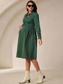 MaterniWear Đầm sơ mi thường ngày in họa tiết chấm bi tay dài buộc eo cho phụ nữ mang thai - màu xanh lá - Xem 4