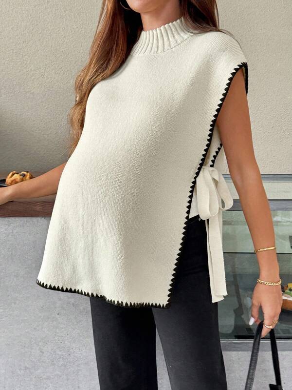 SHEIN Fall Clothes,Autumn Clothes,Maternity Autumn Clothes Maternity Knitted Vest With Standing Collar, Side Bud Trim Knot Design Cape Top Sleeveless Women Tops Sweater Top Sweater Vest For Women Poncho Top