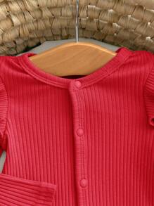 SHEIN Mono de manga larga con botones delanteros, volantes y lazo en la cabeza de unicolor para recién nacidos - Rojo - Ver 5