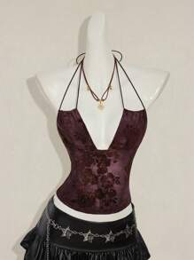 SHEIN ICON Women's Retro Green Flocked Jacquard Deep V-Back Criss-Cross Strap Sexy Backless Tank Top - Burgundy - View 4