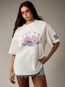 MISSGUIDED Camiseta gráfica de estilo retro de motociclismo con diseño de bandera a cuadros y estrellas, para carreras de motor, rally, estilo nostálgico y casual, corte amplio - Blanco - Ver 3