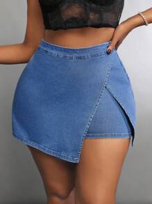 SHEIN SXY Plus Size Asymmetric Denim Shorts, Summer Casual