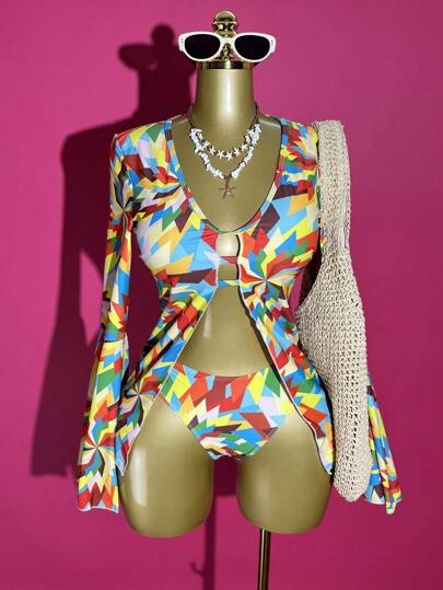 Slaydiva Conjunto de blusa y pantalones cortos de primavera/verano 2025 con estampado retro, cuello en V, manga larga acampanada con volantes, material elástico y texturizado, diseño colorblock y geométrico, ideal para festival de música bohemio, campo, fiesta, uso diario, moda callejera, sexy, dulce y de estilo Y2K