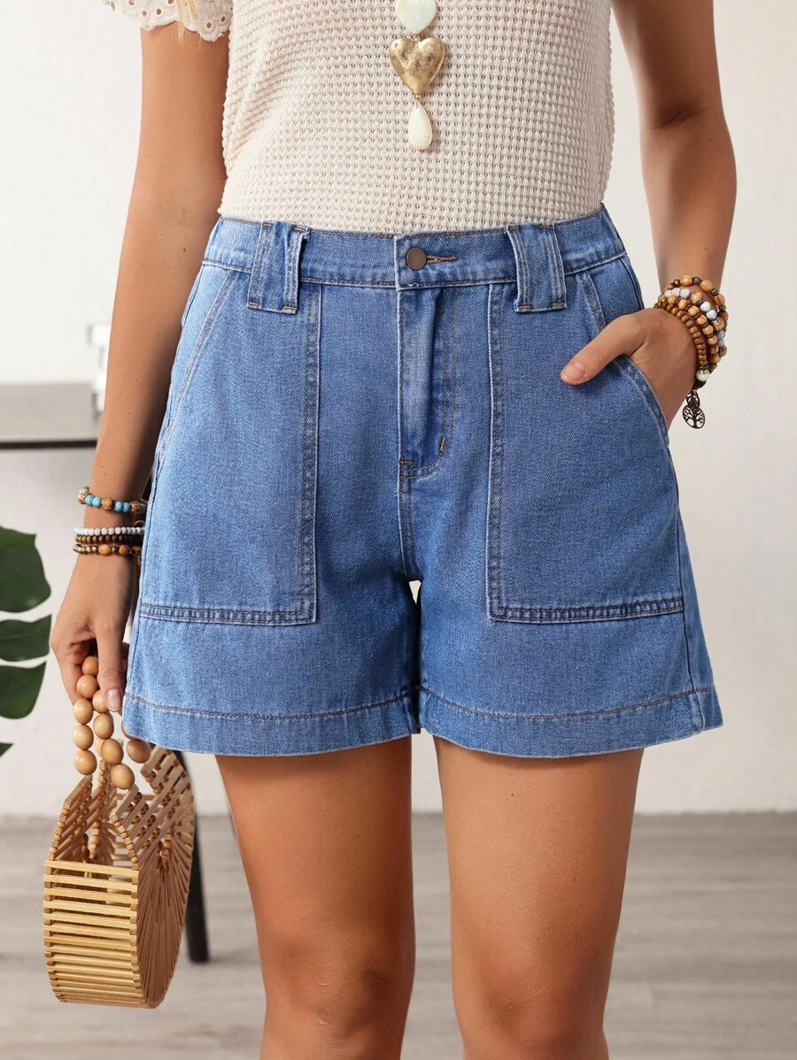 EMERY ROSE Women's Casual Washed Denim Shorts With Big Pockets, Summer - Blue - View 1