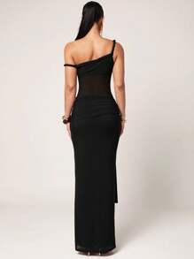 Silquee Women's Simple Solid Asymmetrical Shoulder Bodycon Mini Dress, Summer Dress,Back To School Dress, , Black Maxi Dress Sheer Maxi Dress Mesh Maxi Dress Black Sheer Dress Bodycon Maxi Dress,Fall Wedding Guest Dress - Black - View 2