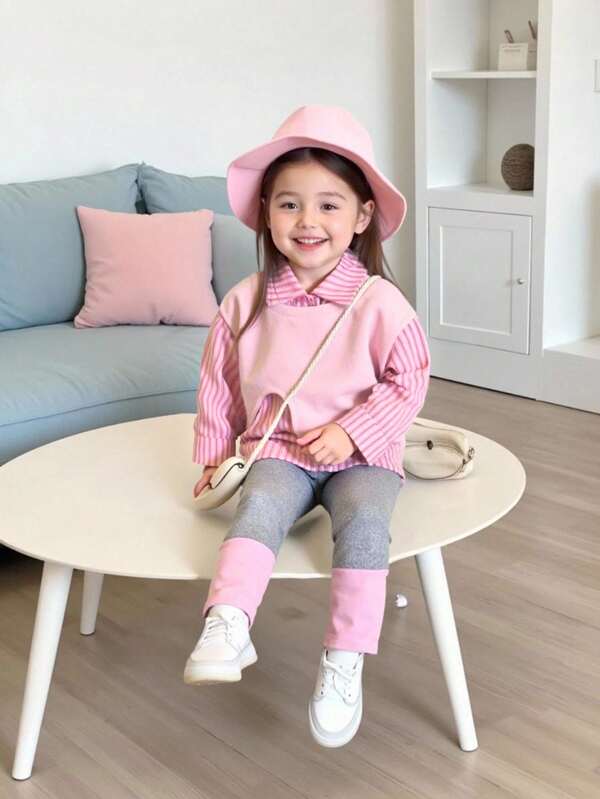 SHEIN Playful Pals 2pcs/Set Baby Girls Collared Long Sleeve Sweatshirt Striped Shirt With Irregular Bottom Hoodie Vest Outfit And Elastic Waist Contrast Color Leggings Suit, Comfortable And Stylish For Spring, Autumn And Winter, Suitable For Indoor And Outdoor