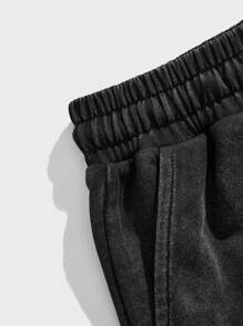 ROMWE MEN Prep Shorts sueltos de estilo callejero casual para hombres con estampado de letras y números, cintura con cordón y bolsillos sesgados, para verano - Negro - Ver 3