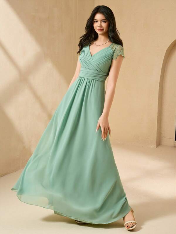 SHEIN Bridesmaid Chiffon Lace Cap Sleeve V-Neck A-Line Long Dress, Elegant Style For Teen Girl Suitable For Weddings, Galas, Performances, Birthday Parties