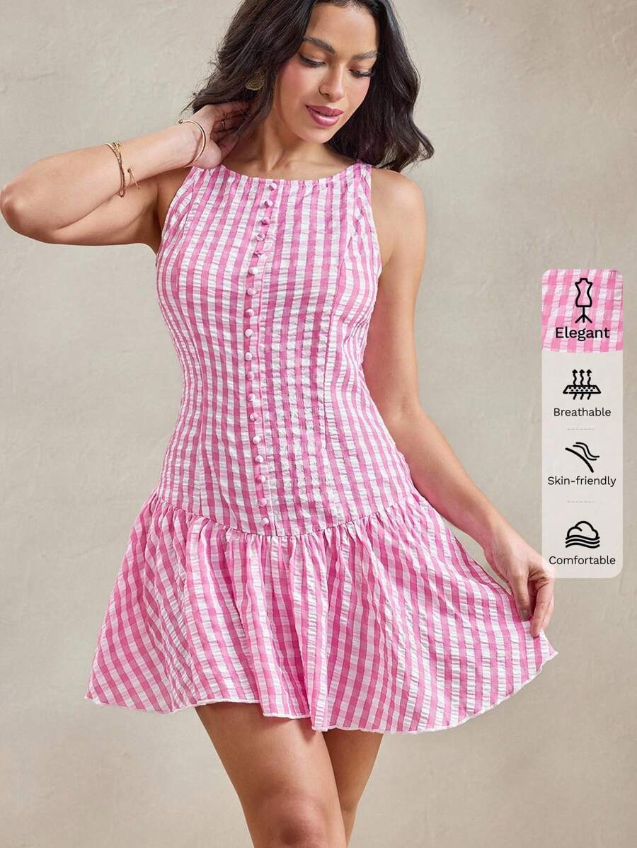 Wildy Đầm Mini Không Tay Cài Nút Trang Trí Đơn Giản Cho Nữ - Màu Hồng Tươi - Xem 1