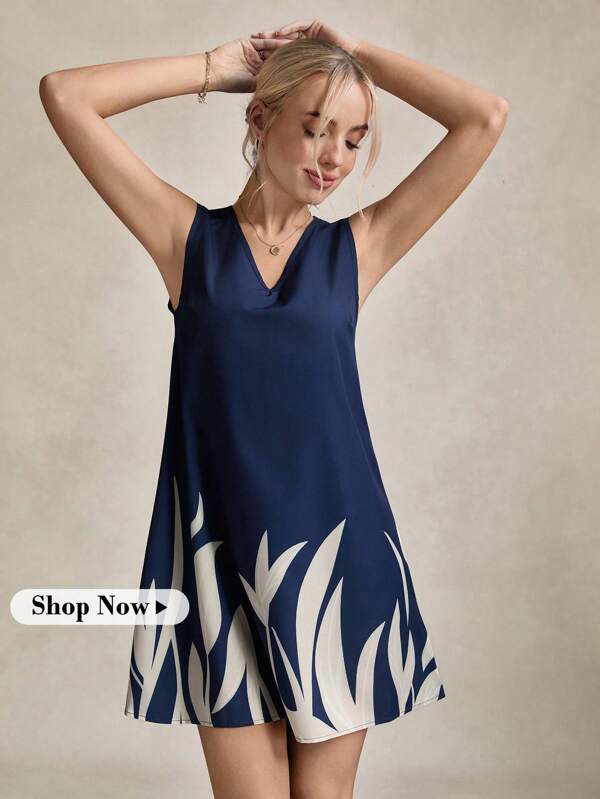 Wildy Vestido sin mangas de cuello en V para mujer con estampado de plantas