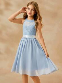 SHEIN Vestido corto para niña con encaje, parches y volantes en el bajo, cuello halter, adecuado para ser dama de honor, eventos formales, bodas, fiestas, cumpleaños - Lavado ligero - Ver 3