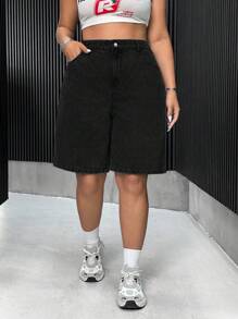 SHEIN CURVE+ Shorts di jeans casual morbidi e ampi per donne taglie comode - nero - Visualizzare 7