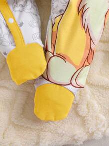 2 件套新生儿男婴可爱卡通狮子印花信封领长袖连体衣带帽柔软舒适睡衣 - 彩色 - 查看 4