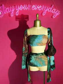 Slaydiva 2025 Spring/Summer New Bohemian Western Country Music Festival Holiday Beach Party Romantic Personalized Sexy Green Tie-Dye Gradient Print 3D Texture Crochet Knit Jacquard Mesh Hollow Open-Work Fabric Bandeau Neckline Cropped Tank Top + Low Waist Elastic Waist Drawstring Bodycon Mini Skirt Swimsuit 3-Piece Set - Green - View 2