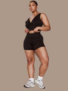 MUSERA 加大码交叉腰带高腰修身弹力短裤，假日、优雅、休闲夏季 - 黑色 - 查看 1