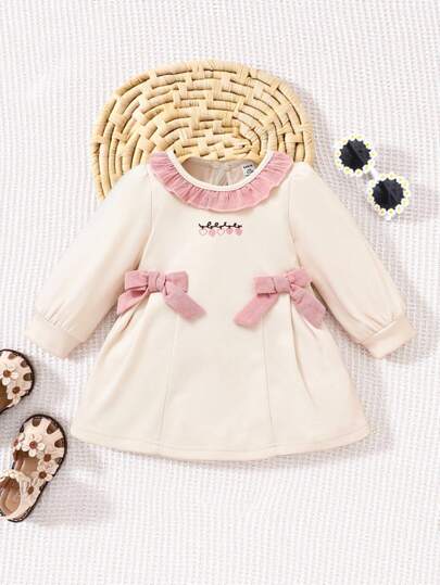 SHEIN Vintaside Kids 女婴可爱长袖荷叶边领连衣裙，带蝴蝶结装饰，百搭，适合秋冬季