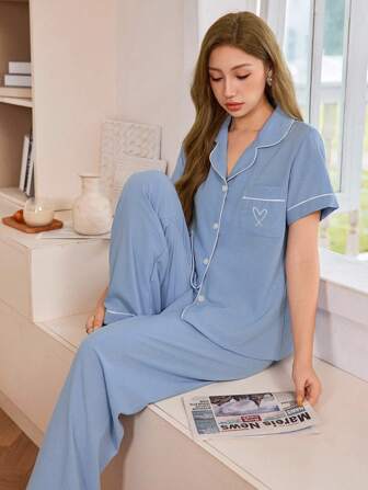 SHEIN 柔软女士长款睡衣，短袖，宽松版型，适合日常穿着舒适蓝色睡衣套装女士睡衣套装浅蓝色睡衣两件套睡衣套装睡衣套装